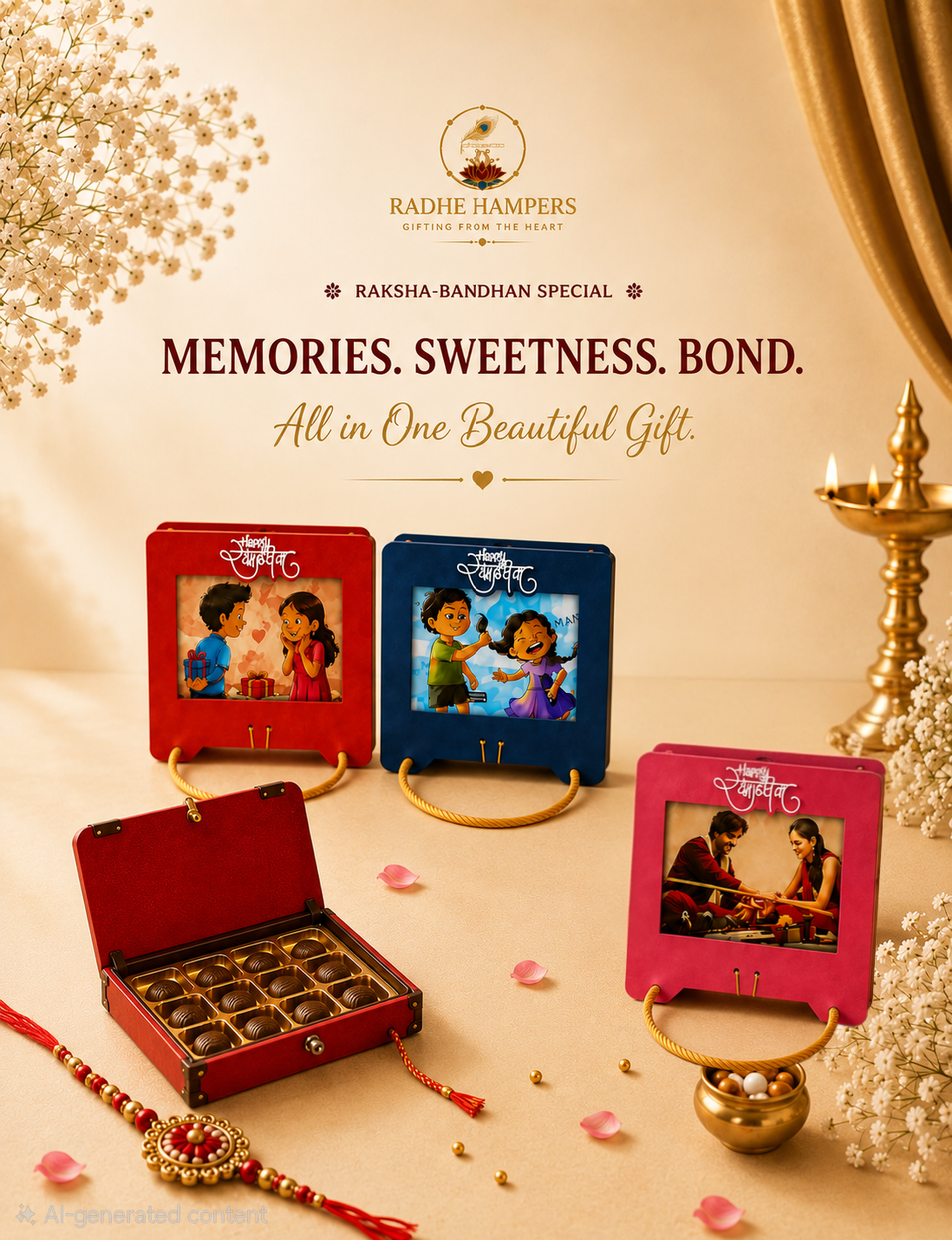 Radhe Hampers premium corporate gift hamper with dry fruits, mithai and a brass diya