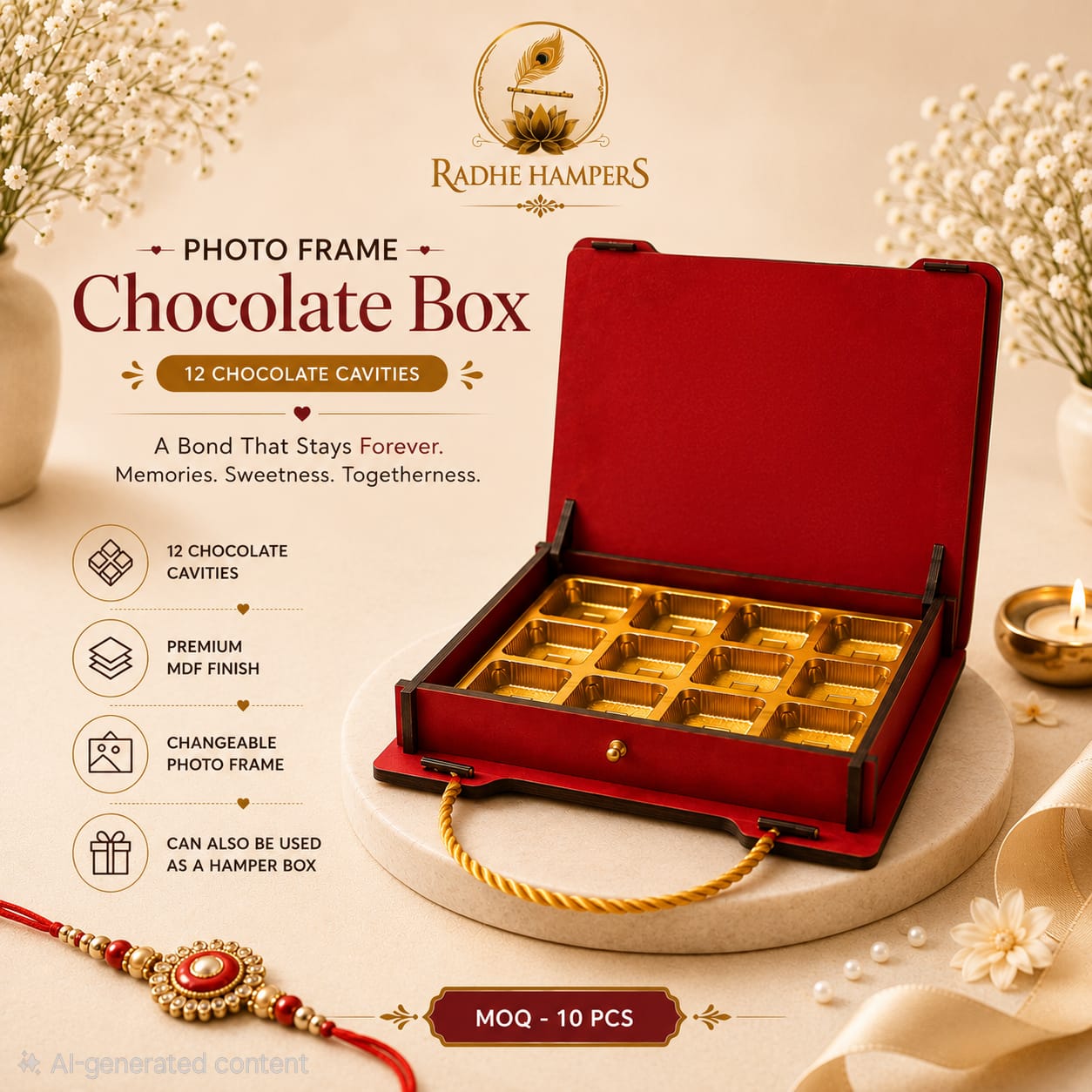 Maroon Raksha Bandhan photo frame chocolate box with personalized sibling photo and gold rope handle
