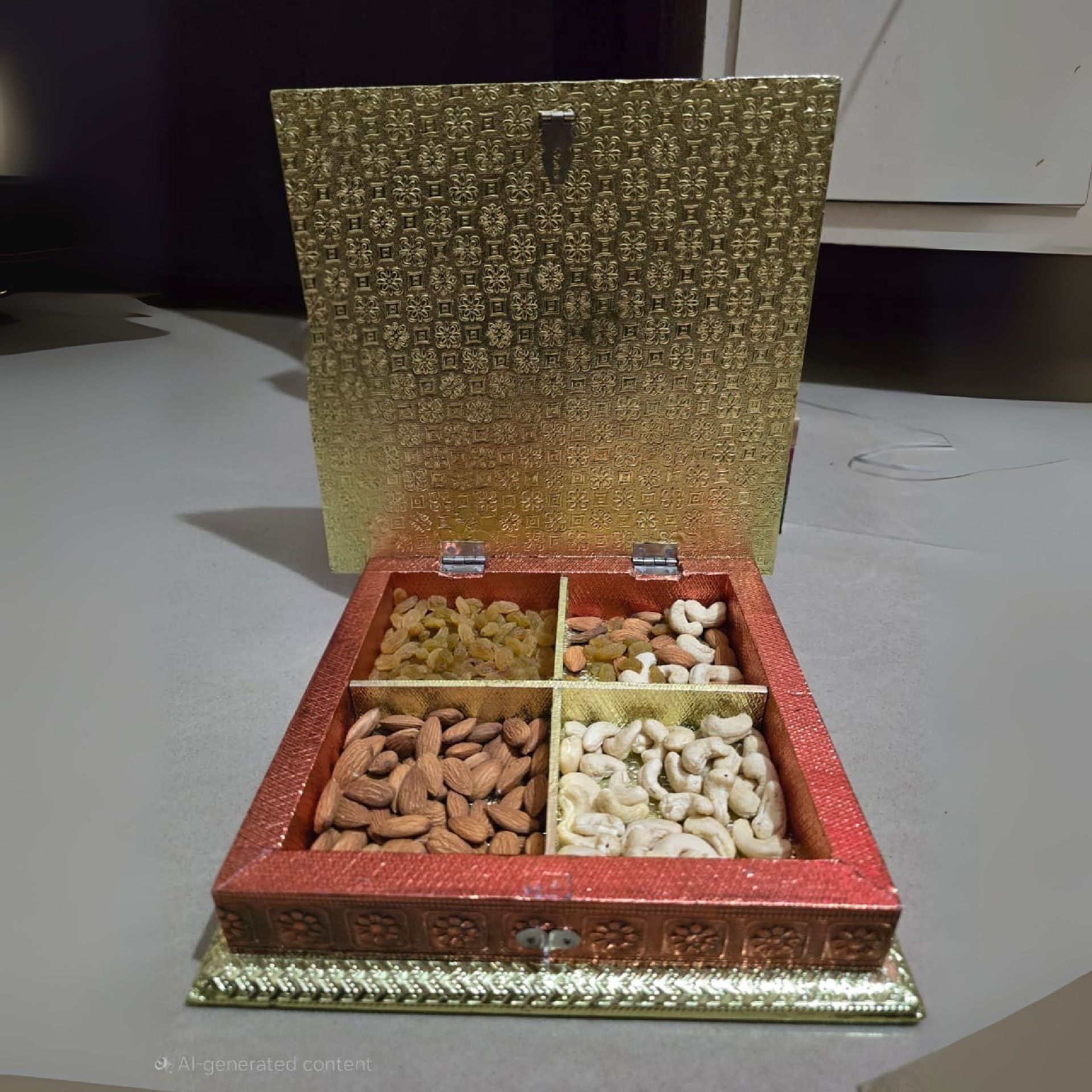 Open Heritage dry fruit hamper showing 4 compartments with almonds, cashews, pistachios and raisins