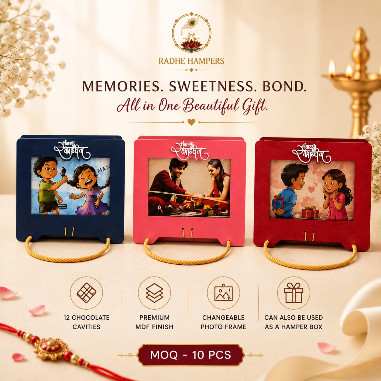 Radhe Hampers photo frame chocolate box available in navy, rose pink and maroon colour options