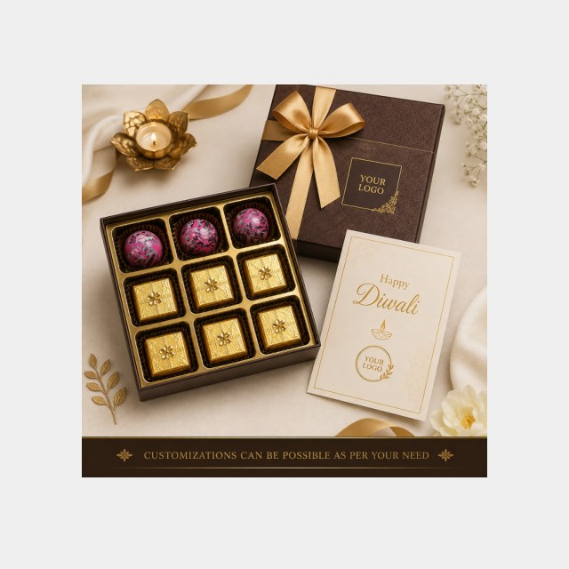 Diwali chocolate gift box with nine foil-wrapped chocolates, gold ribbon and a personalised Happy Diwali card