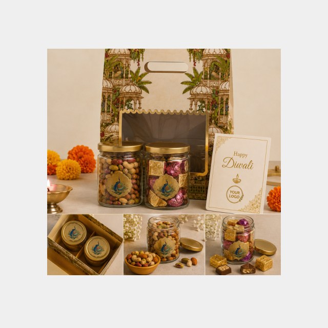 Peacock-print Diwali hamper bag with two dry fruit jars, chocolates, brass diyas and a logo greeting card
