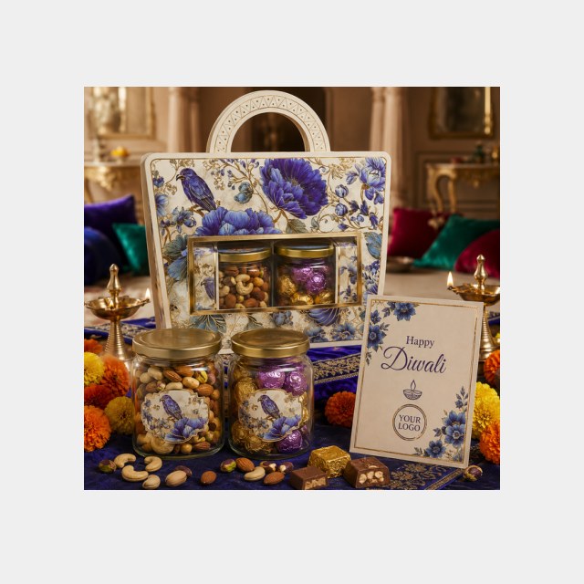 Blue and white floral Diwali gift box with dry fruit jars, chocolates and a logo card