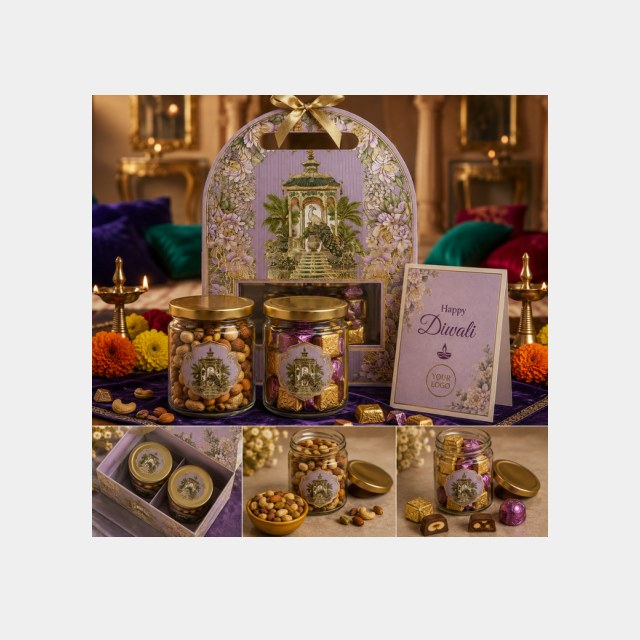 Lavender heritage-print Diwali hamper with dry fruit jars, chocolates and decorative tea-light diyas