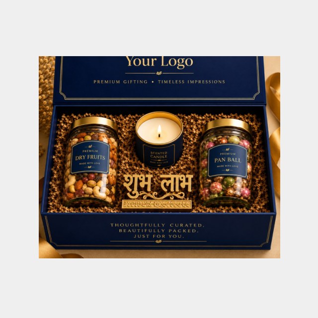 Navy Shubh Labh Diwali hamper box with scented candle, two dry fruit jars and a printed logo lid