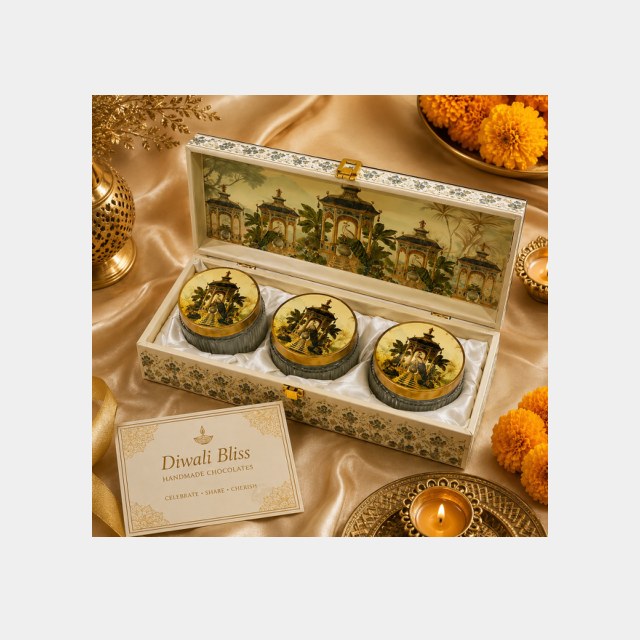 Long heritage-print Diwali box with three sealed round tins of dry fruits and chocolates