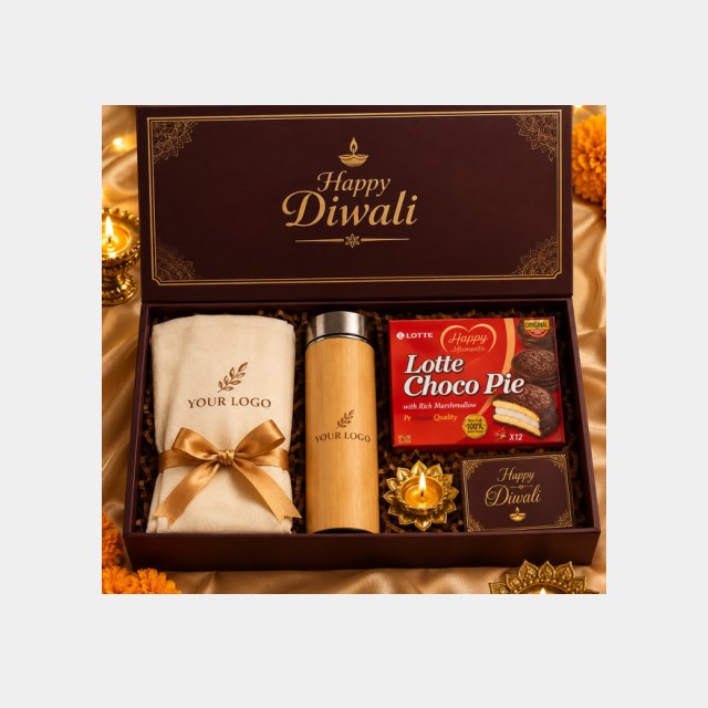 Happy Diwali utility hamper with gold vacuum flask, Choco Pie box, chocolates, diya and a logo pouch