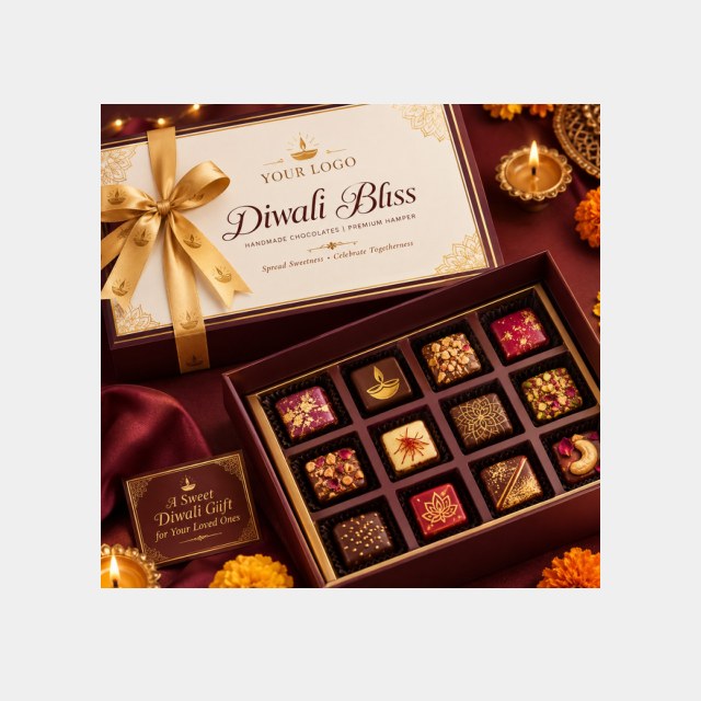 Deep red Diwali Bliss chocolate hamper with nine gourmet chocolates, dry fruits and gold ribbon
