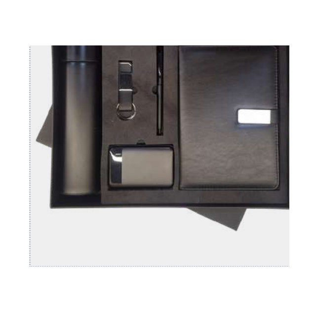 Black executive gift set with 5000 mAh power bank, leather notebook, metal pen and card holder