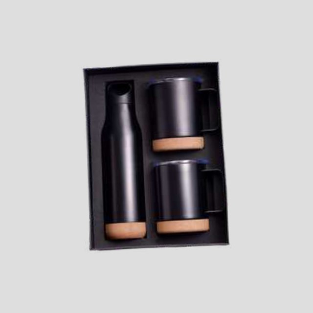 Black vacuum flask with two matching cork-banded cups in a fitted gift box