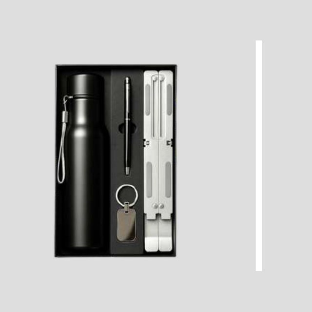 Desk gift set with insulated bottle, foldable aluminium laptop stand, metal pens and keychain