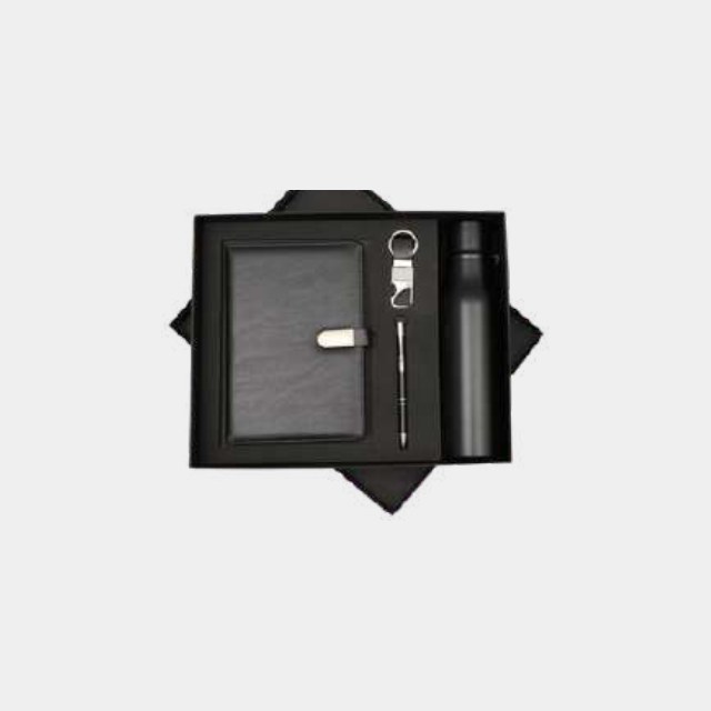 Black gift set with elastic-closure notebook, temperature-display bottle, metal pen and keychain
