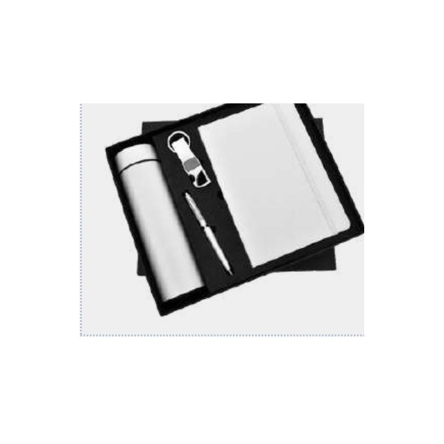 White textured notebook with brushed steel bottle, keychain and metal pen in a fitted tray