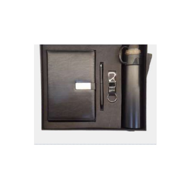 Brown leather notebook with metal pen, keychain and insulated bottle in a fitted gift tray