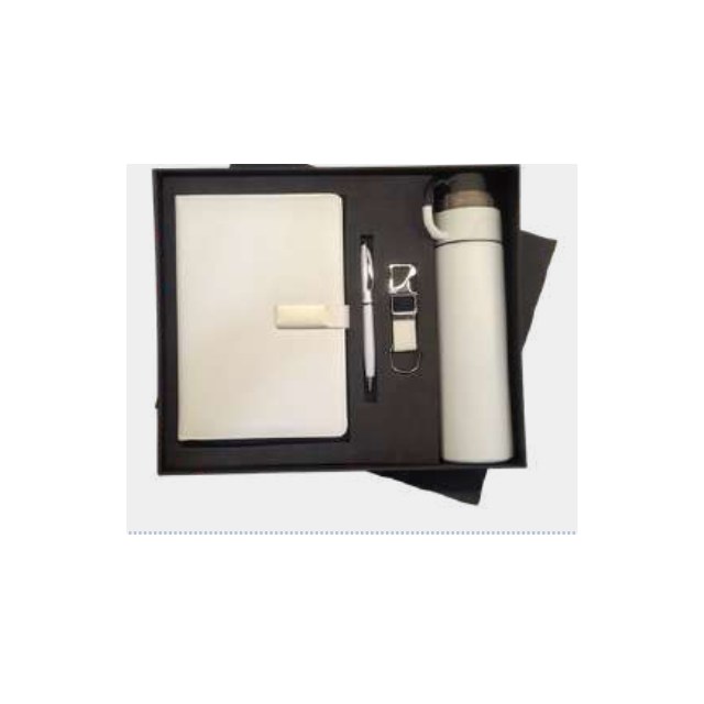 Cream notebook with brushed stainless steel vacuum bottle and metal pen in a fitted tray