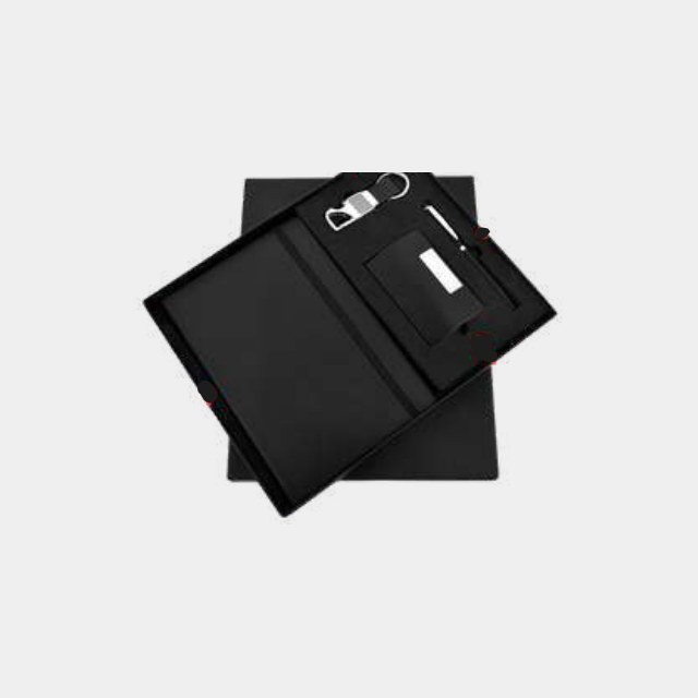 Black A5 leather notebook with keychain, metal pen and card holder in a fitted tray