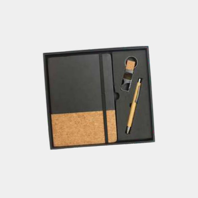 Notebook with natural cork panel cover and gold-finish pen in a fitted tray