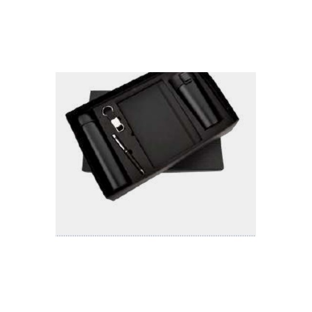 Black A5 notebook with elastic closure, keychain and metal pen in a fitted tray