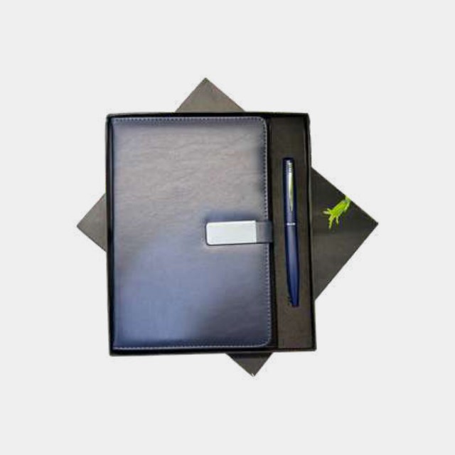 Slate blue A5 notebook with a matching blue-barrel metal pen