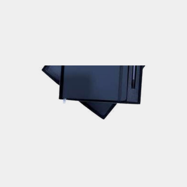 Navy A5 notebook with elastic closure and a matching dark-barrel metal pen