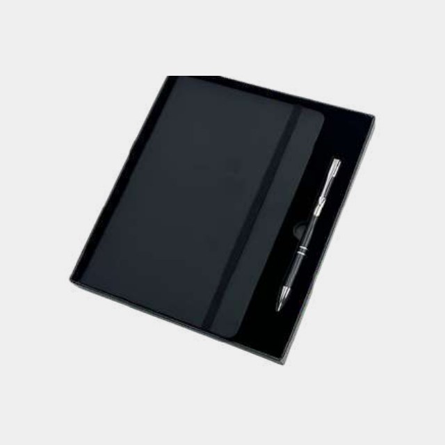 Black A5 elastic-closure notebook with a slim silver metal pen