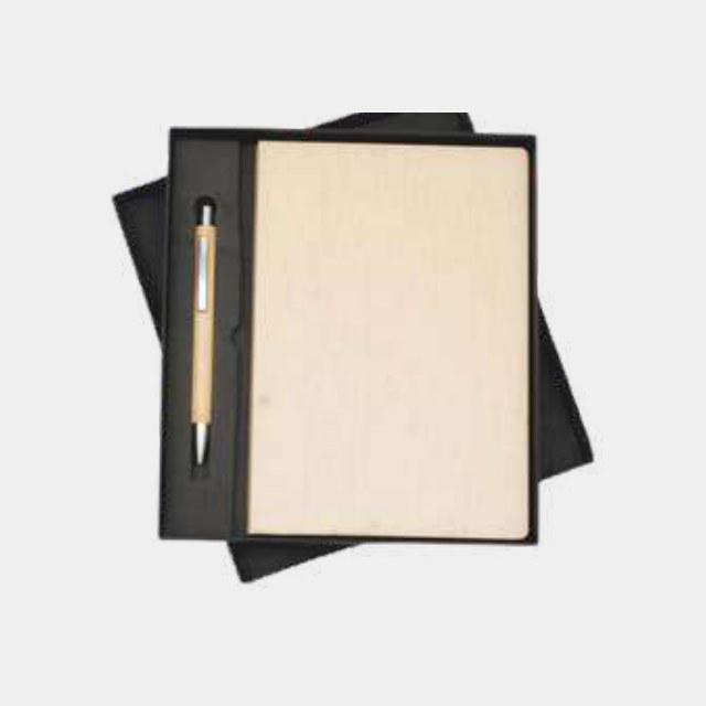 Light wood veneer notebook cover with a matching turned wooden pen