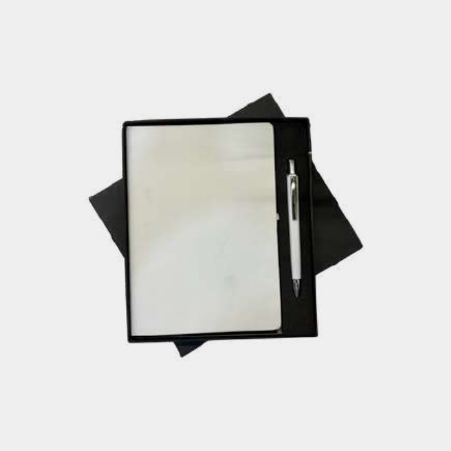 White A5 elastic notebook with a silver-barrel pen