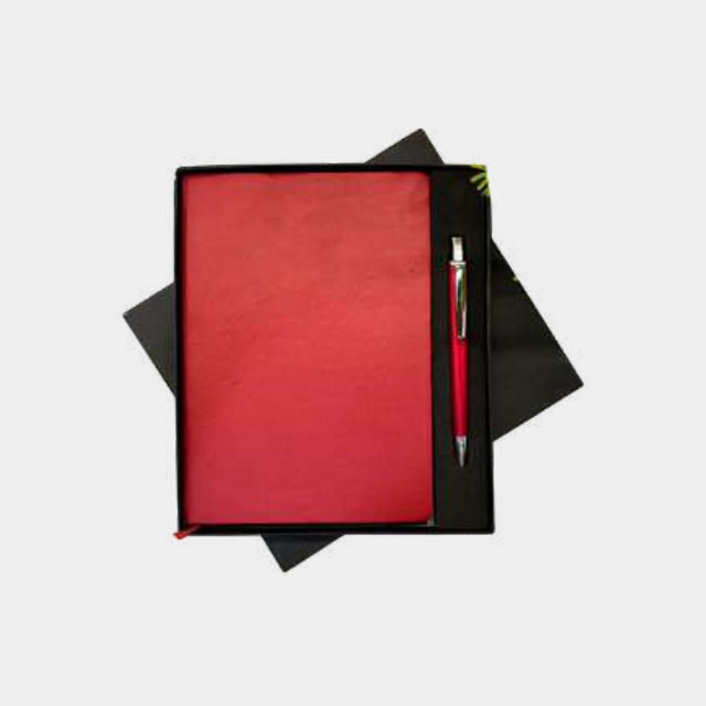 Red A5 elastic notebook with a colour-matched red-barrel pen
