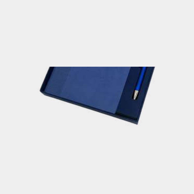 Blue PU notebook with metal logo plate and matching blue-barrel pen in a fitted tray