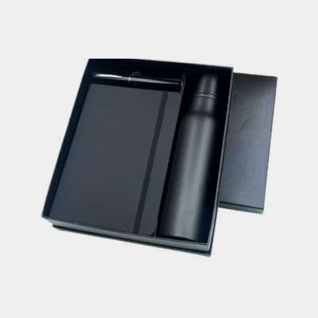 Black elastic notebook with matte insulated bottle and metal pen in a deep fitted box