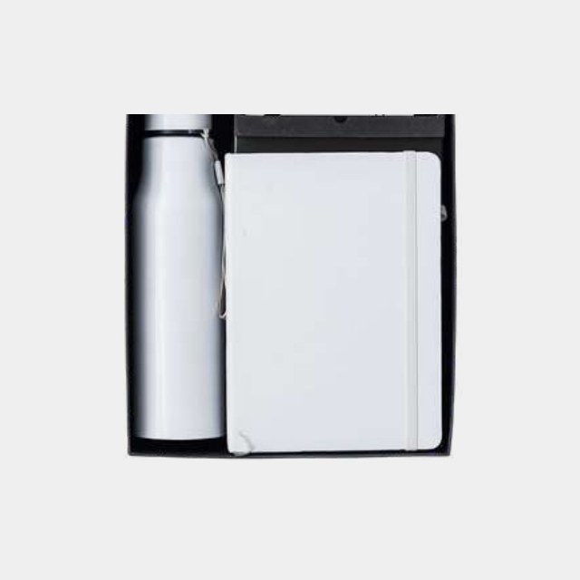 White notebook and matching white insulated bottle in a contrasting black gift box