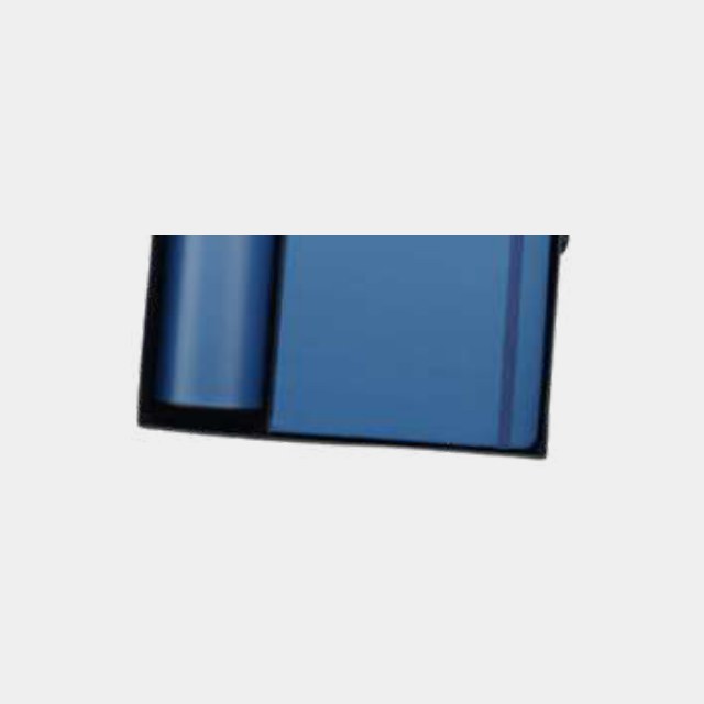Navy notebook with slim insulated bottle and metal pen in a fitted black tray