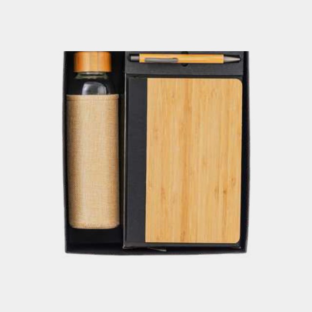 Bamboo-cover notebook with bamboo-wrapped insulated bottle and turned wooden pen