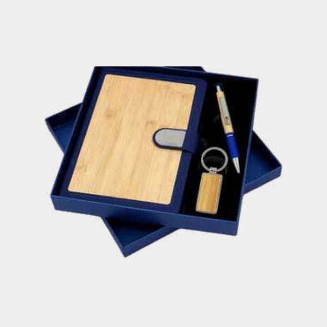 Wood-cover notebook with a wood-inlay keychain and metal pen in a deep blue gift box