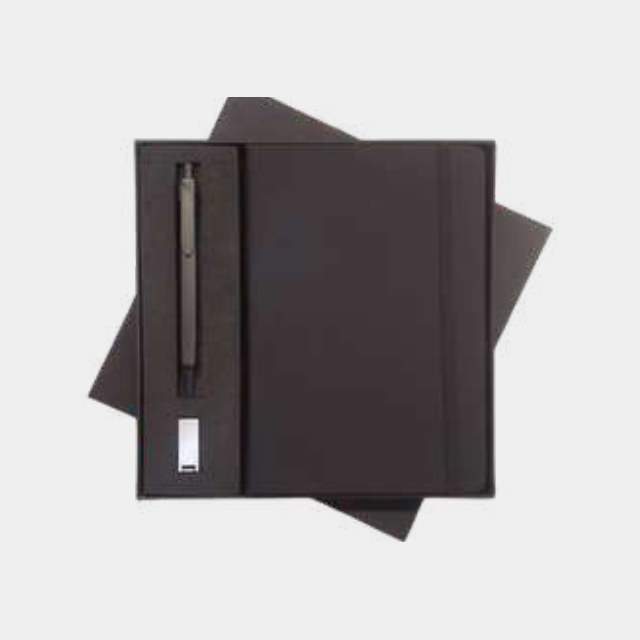 Black notebook with a 16 GB USB pen drive and metal pen in a fitted tray