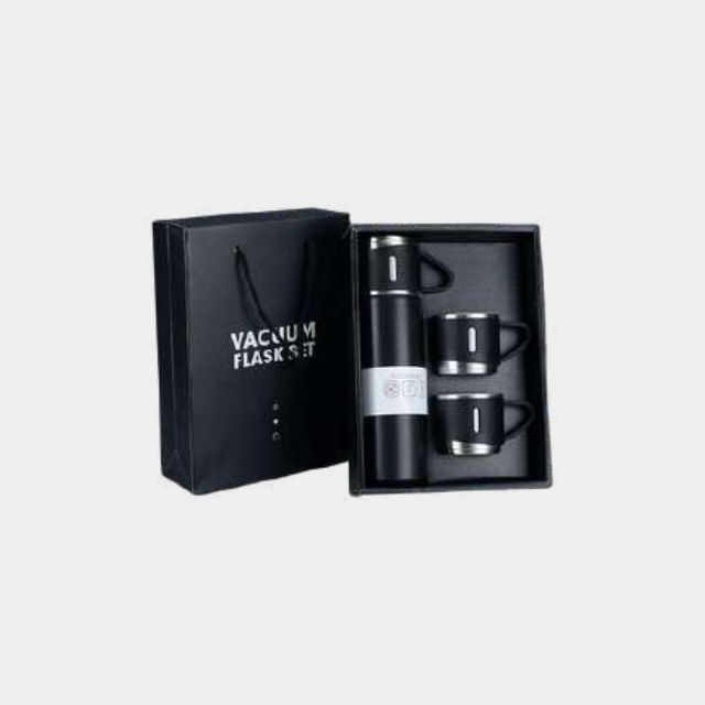 Vacuum flask with two matching cups in a printed presentation box