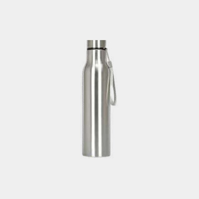 Brushed stainless steel bottle with a carry strap on the screw cap
