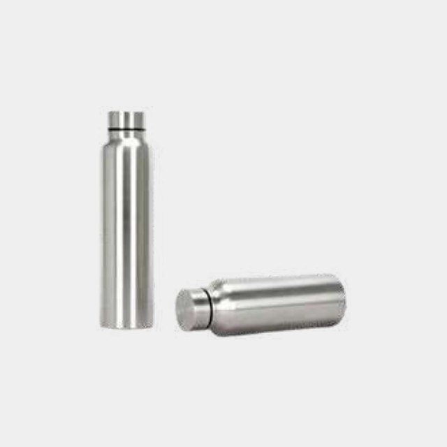 Tall brushed steel bottle beside a compact steel flask, both unpainted