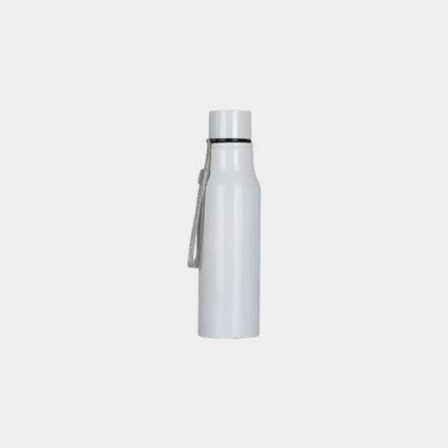White powder-coated steel bottle with a carry strap on the screw cap
