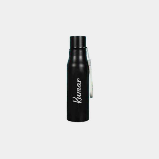 Matte black steel bottle with an individual recipient name laser-etched on the body
