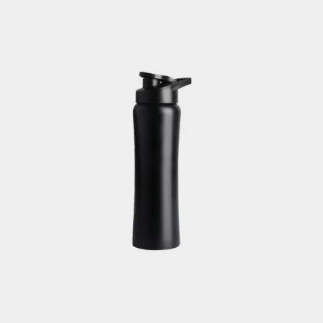 Black steel sports bottle with a flip spout cap and contoured body