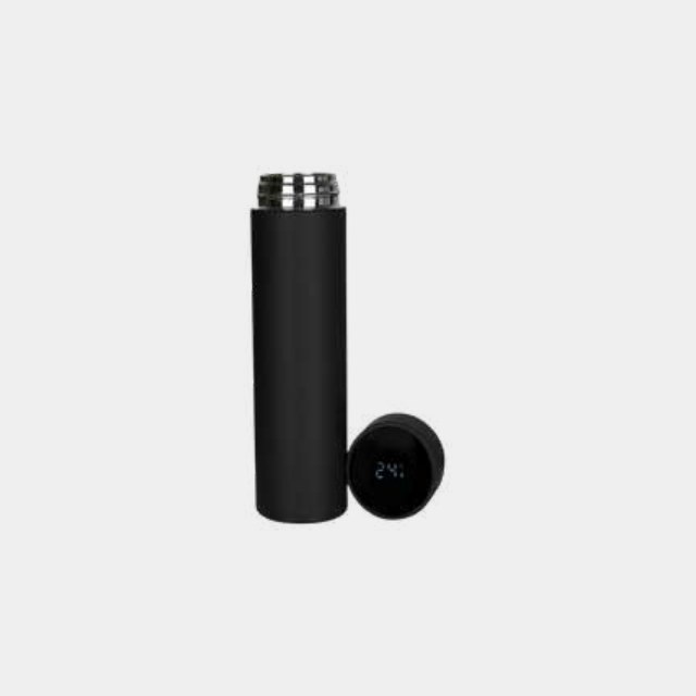 Black insulated bottle with a touch-activated temperature display in the cap