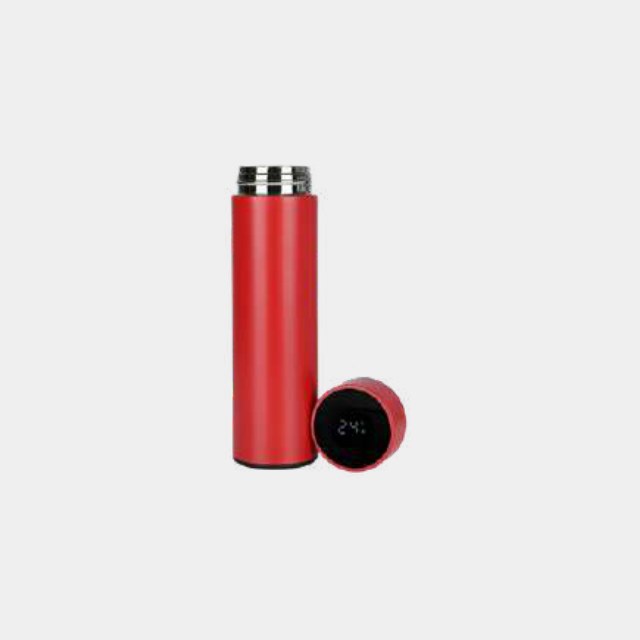Red insulated bottle with an LED temperature display in the cap