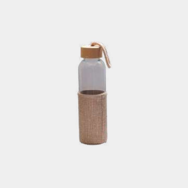 Borosilicate glass bottle with a cork grip sleeve and wooden screw lid