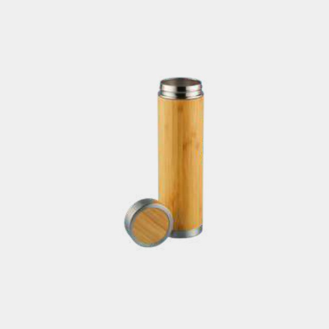 Insulated steel bottle wrapped in a full bamboo sleeve with a matching lid