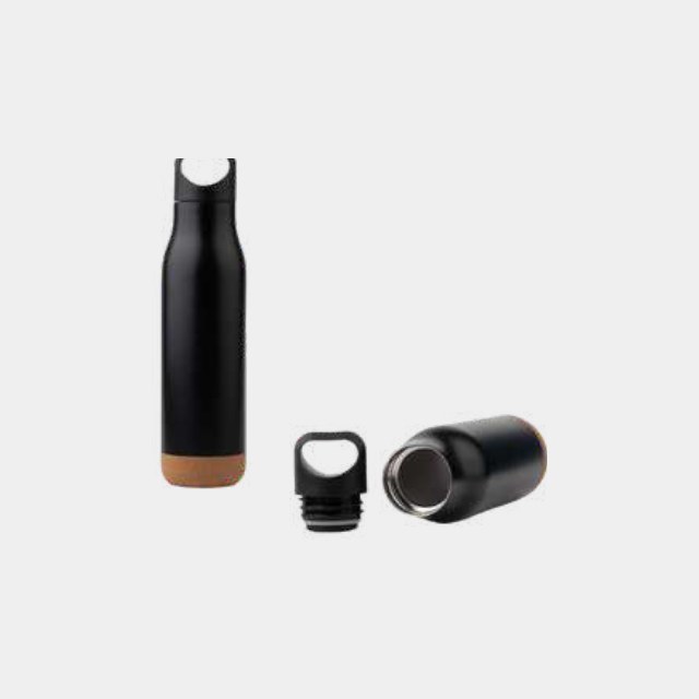 Black insulated bottle with cork base and an unscrewing cup-style lid