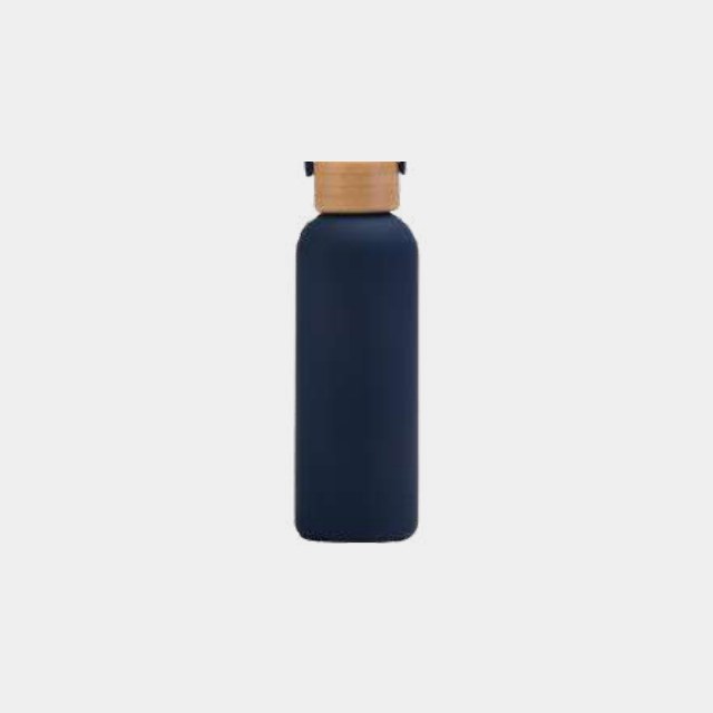 Navy insulated bottle with a natural bamboo screw lid