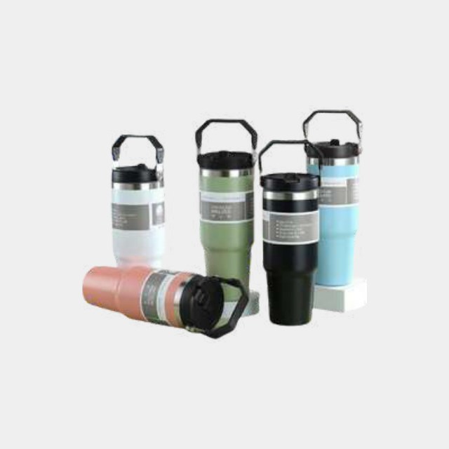 Insulated flask mugs with handles and sealed lids in six different colours