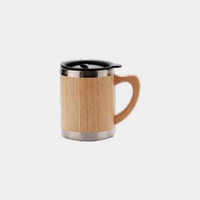 Bamboo-wrapped travel mug with a moulded side handle and sealed lid