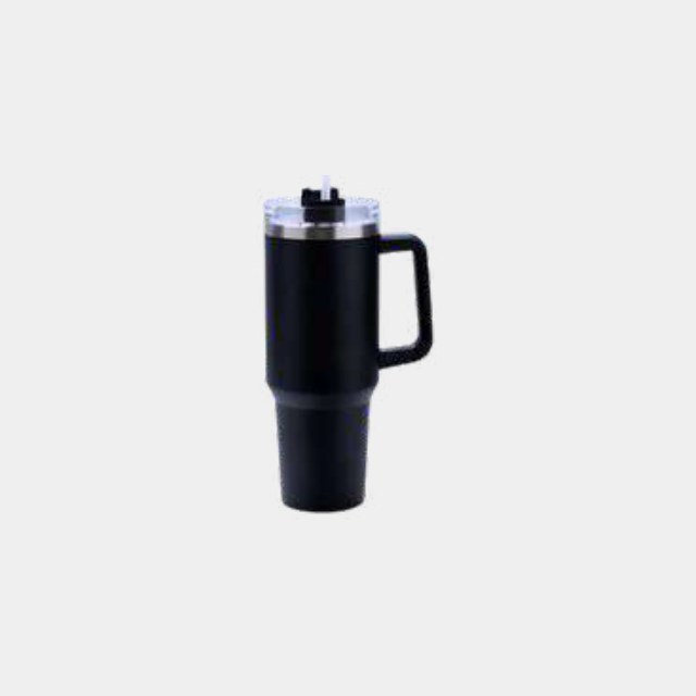 Navy vacuum-insulated travel tumbler with moulded handle and sealed straw lid